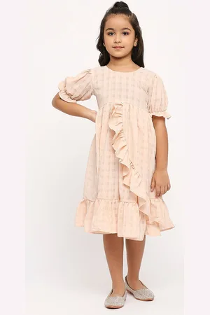GUFRINA Girls Checked Ruffles Puff Sleeve Georgette A-Line Dress