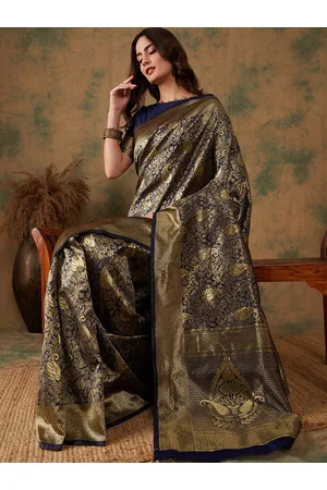 Sangria Navy Blue & Gold Toned Ethnic Motifs Woven Design Zari Banarasi Saree