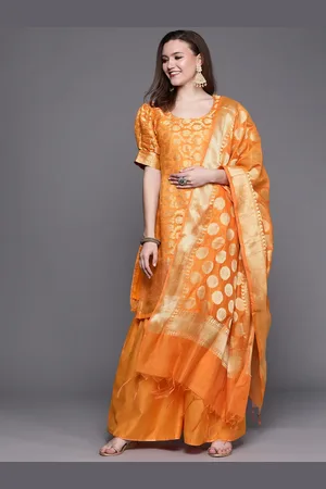 Chhabra 555 Orange & Gold Zari Banarasi Woven Design Made to Measure Kurta Sharara Dupatta