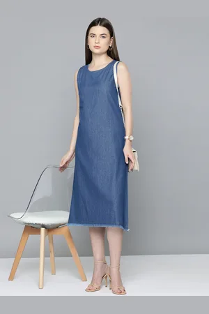 Chemistry Solid Cotton Denim A-Line Midi Dress