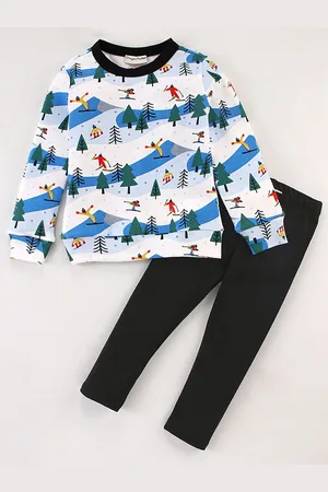 CrayonFlakes Girls Skiing Conversational Printed Top With Leggings