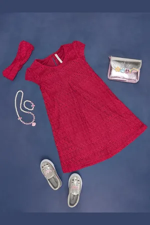 Pantaloons Girls Self Design Round Neck Puff Sleeves A-Line Dress