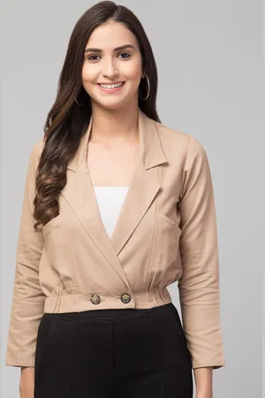 Chemistry Notched Lapel Crop Cotton Double-Breasted Blazers