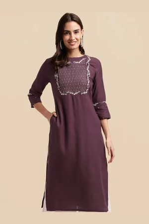 Mirchi Fashion Burgundy Floral Yoke Design Boat Neck Thread Work Straight Kurta