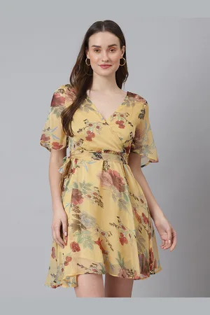 Cation Mustard Yellow Floral Chiffon A-Line Dress