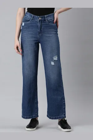 SHOWOFF Women Jean Wide Leg High-Rise Low Distress Light Fade Cotton Jeans