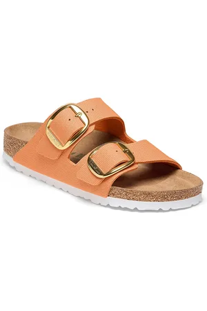 Birkenstock Arizona Buckle Rivet Logo Vegan Canvas Papaya Narrow Width Two-Strap Sandals