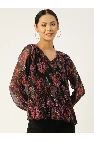 Antheaa Women Black & Orange Ethnic Motif Print Puff Sleeves Chiffon Top