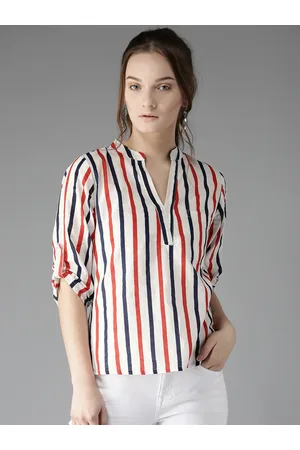 HERE&NOW Women White & Navy Lightweight Striped Shirt Style Pure Cotton Top