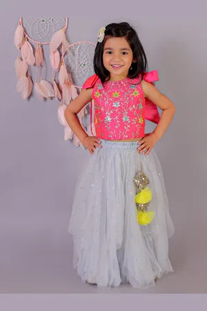 LIL DRAMA Girls Embroidered Ready to Wear Lehenga With Blouse