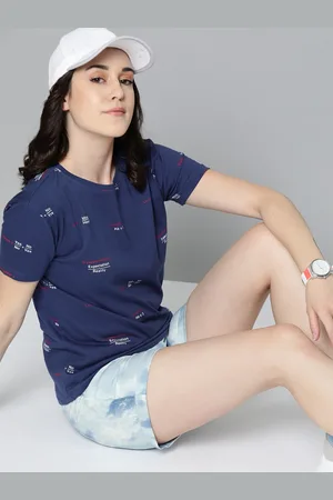 HARVARD Women Navy Blue White Printed Round Neck Pure Cotton T-shirt