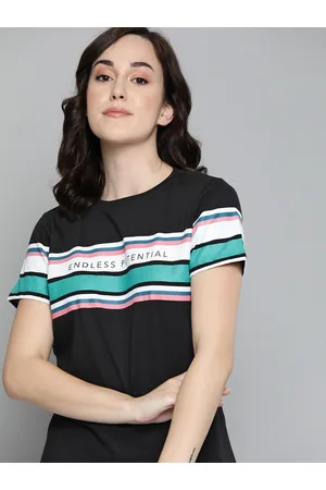 HARVARD Women Black White Striped Round Neck Pure Cotton T-shirt