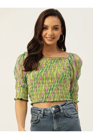 Antheaa Green & Pink Geometric Print Smocked Chiffon Crop Top