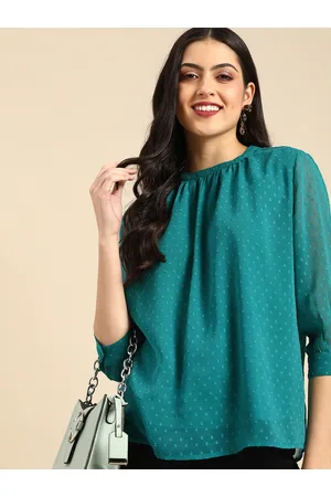 all about you Women Sea Green Self Designed Dobby Regular Top