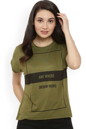 Campus Women Olive Green Print Extended Sleeves Pure Cotton Top