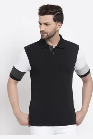 Kalt Men Black & White Colourblocked Polo Collar T-shirt