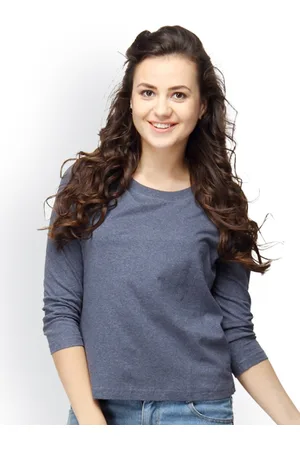 Campus Women Blue Solid Round Neck Pure Cotton Regular Top