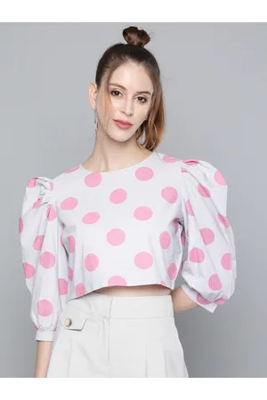 Sassafras Women Grey & Pink Polka Dots Print Puff Sleeve Crop Top