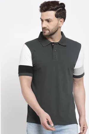 Kalt Men Grey & White Colourblocked Polo Cotton T-shirt