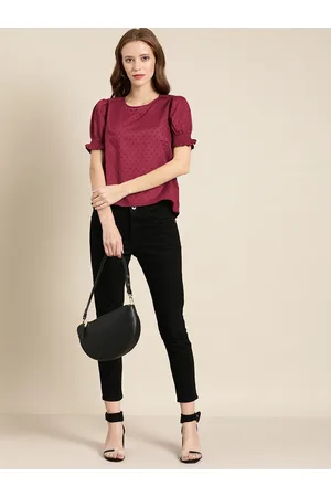 all about you Women Burgundy Embroidered Pure Cotton Top