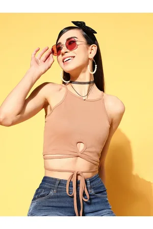 Sassafras Women Classy Beige Solid Midriff Flossing Top