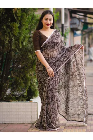 Mitera Brown & White Ethnic Motifs Printed Saree