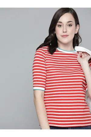 HARVARD Women Red White Striped Round Neck Pure Cotton T-shirt