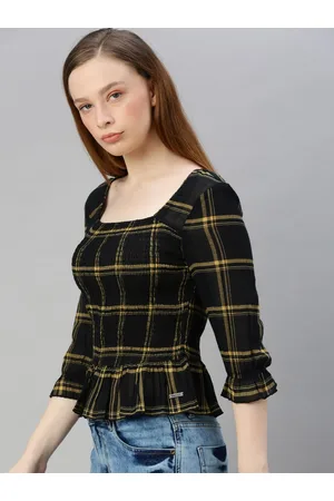 Roadster The Lifestyle Co Black Yellow Checked Smocked Plaid Bell Sleeve Peplum Top