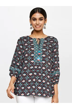 Global Desi Women Black & Blue Floral Print Top