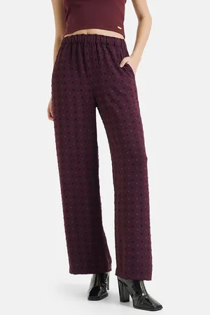 Kazo Women Floral Embroidered Relaxed Straight Fit High-Rise Trousers