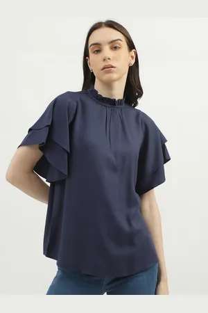 Benetton High Neck Flutter Sleeves Gathered Regular Top