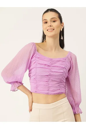 Antheaa Lavender Bishop Sleeves Chiffon Bardot Crop Top