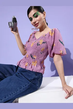 DressBerry Shaded Purple Floral Print Retro Optimism Resort Wear Smocked Peplum Top