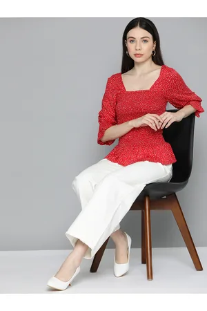 Chemistry Polka Dot Print Puff Sleeves Peplum Top With Smocking Detail