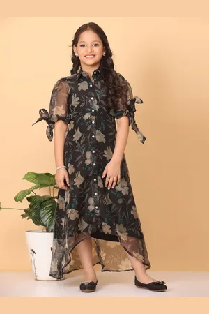 Ethnovog Girls Floral Printed Puff Sleeves High-Low Shirt Midi Dress
