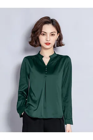 JC Collection Women Green Mandarin Collar Shirt Style Top