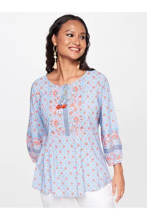 Global Desi Floral Printed Tie-Up Neck Top