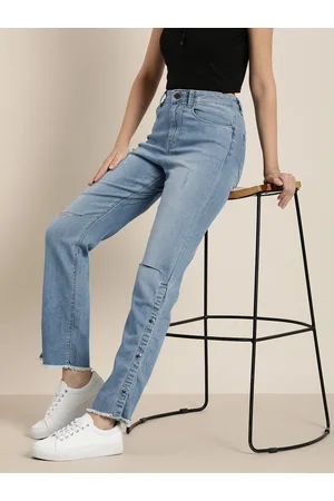 HERE&NOW Women Straight Fit High-Rise Mildly Distressed Light Fade Stretchable Jeans