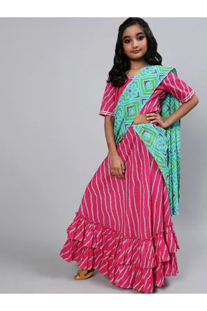 AKS Girls Striped Pure Cotton Lehenga Leheriya Saree
