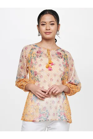 Global Desi Women Mustard Yellow & Blue Floral Printed Tie-Up Neck Top