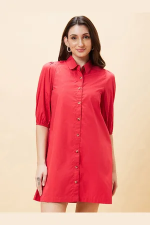 Globus Red Shirt Collar Puff Sleeve Pure Cotton Shirt Dress