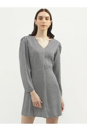 Benetton Checked V-Neck A-Line Mini Dress