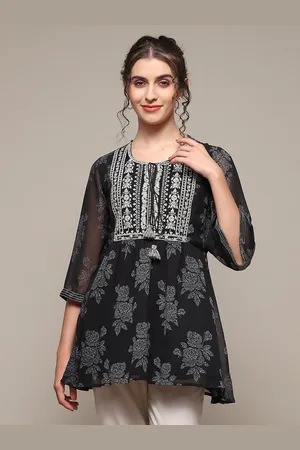 Biba Black Floral Printed Embroidered Detail Tie-Up Neck A-line Top