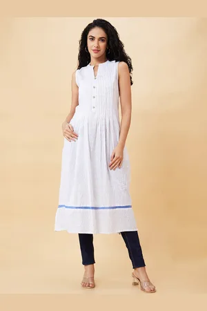 Globus White Ethnic Motifs Printed Mandarin Collar A-Line Pure Cotton Kurta