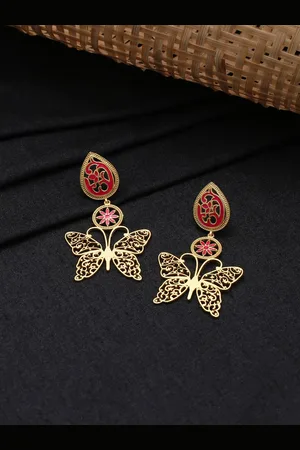 Celebravo Brass-Plated Butterfly Shaped Meenakari Drop Earrings
