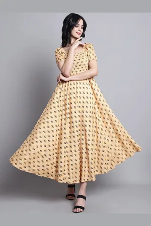 Kalini Floral Printed Square Neck Puffed Sleeves Smocked Fit and Flare Dress