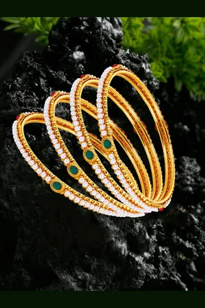 Anouk Set Of 4 Gold-Plated Stone-Studded & Beaded Bangles