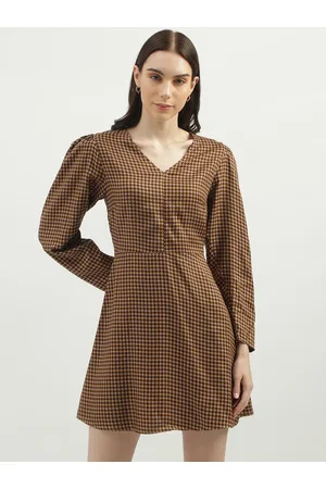 Benetton Geometric Printed Puff Sleeves Fit & Flare Mini Dress