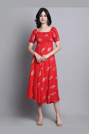 Kalini Ethnic Motifs Printed Square Neck Puffed Sleeves Smocked Fit and Flare Midi Dress