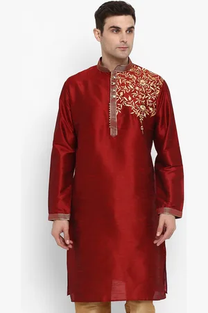 Royal Kurta Floral Embroidered Mandarin Collar Thread Work Cotton Silk Straight Kurta